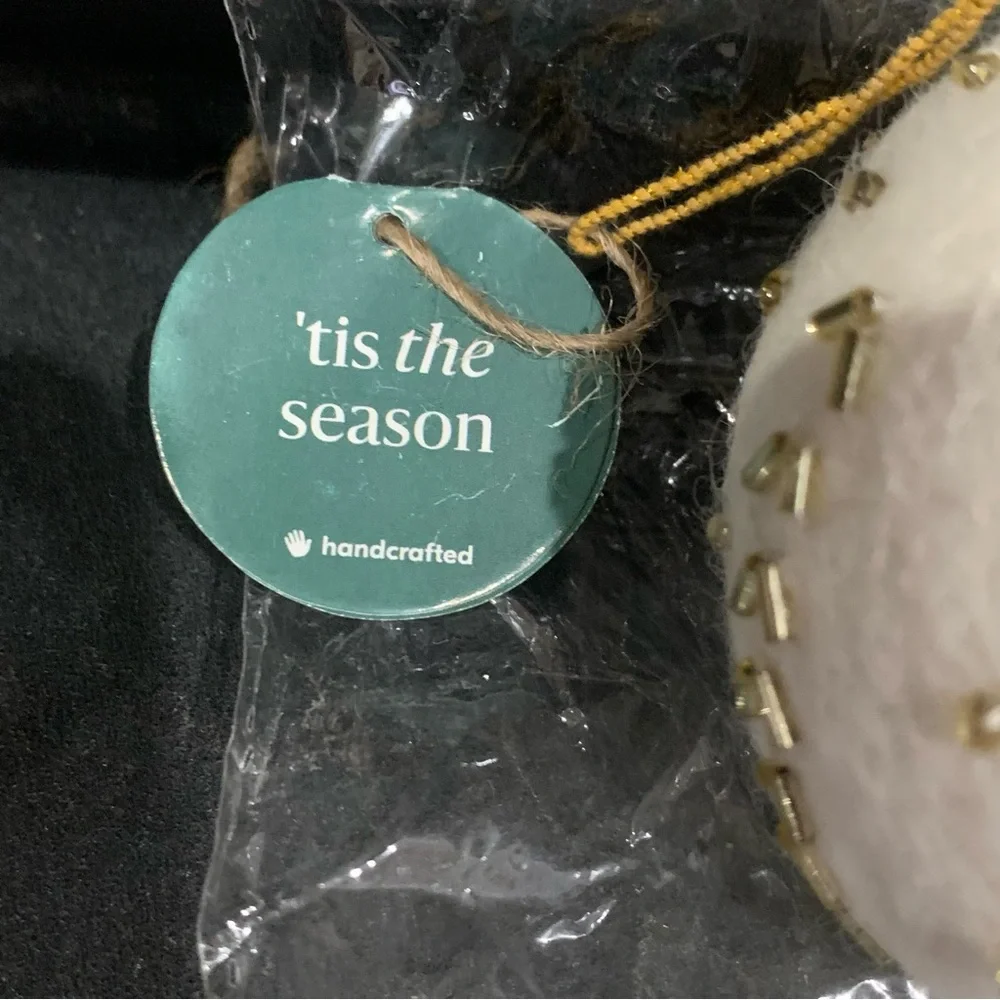 West Elm Beaded Felt Gold Beaded Christmas Ornament Ball White NWT Lot of 3